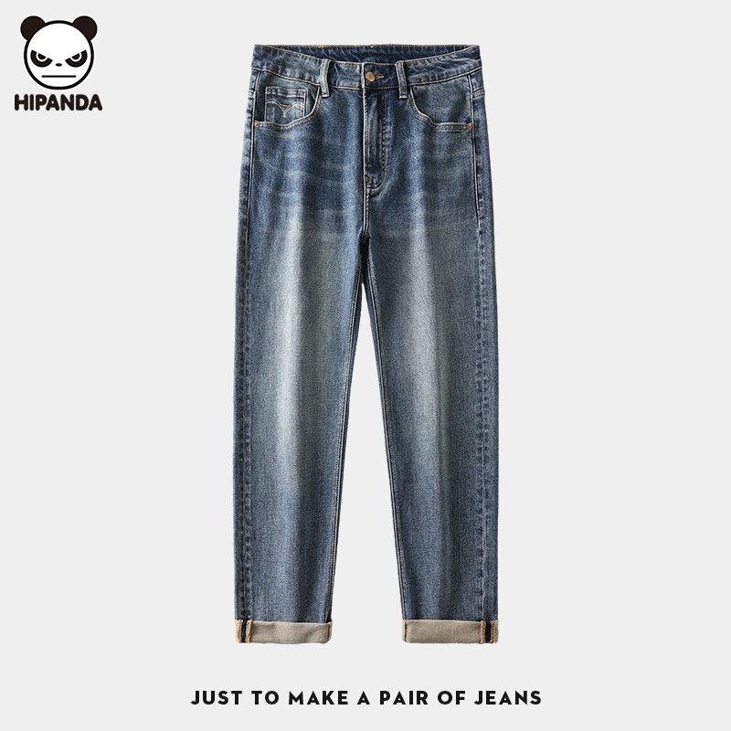 Hi Panda复古蓝色直筒牛仔裤男士秋冬季新款加绒加厚宽松休闲长裤