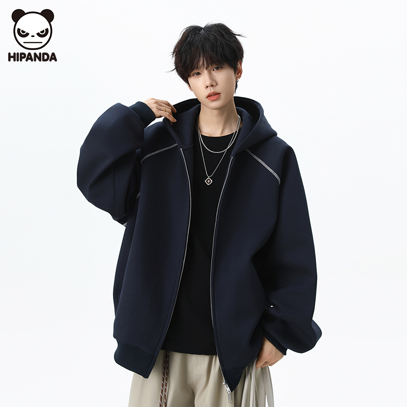 Hi Panda美式拼接解构连帽卫衣男生秋冬新款高街宽松潮流开衫外套