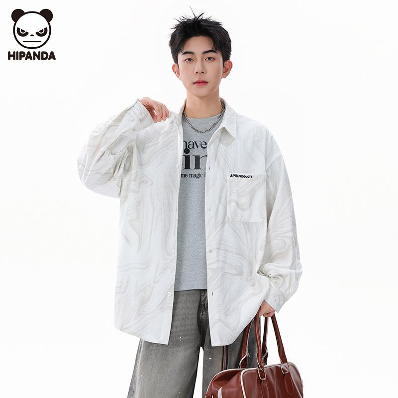 Hi Panda长袖衬衫男士秋季新款港风百搭潮牌重磅休闲宽松衬衣外套