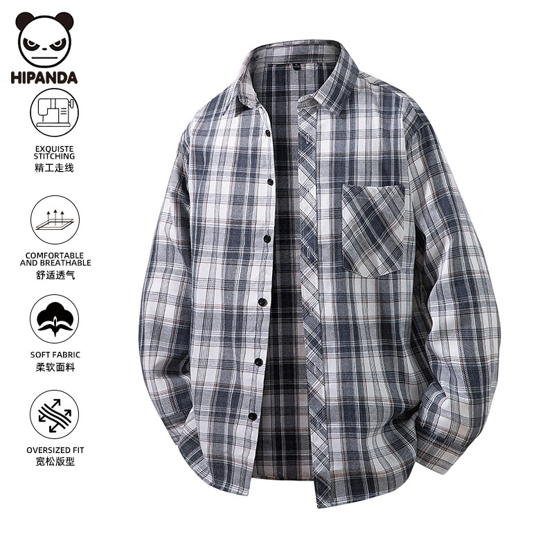 Hi Panda美式宽松格子长袖衬衫男生2026春季新款潮牌休闲百搭外套,男装,衬衫,淘宝优惠券,粉丝福利购,淘宝优惠卷
