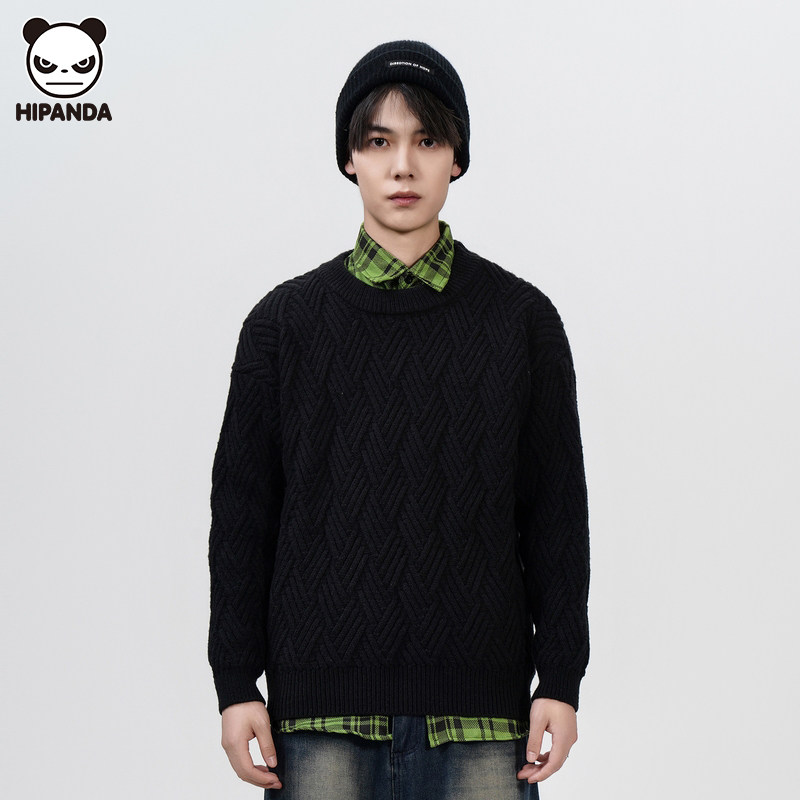 Hi Panda加绒针织衫外套男秋冬季高级感麻花圆领宽松休闲套头毛衣,男装,针织衫/毛衣,淘宝优惠券,粉丝福利购,淘宝优惠卷