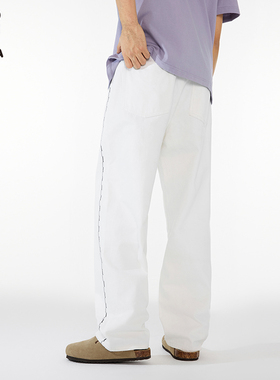 Hi Panda牛仔裤夏季美式高街白色直筒牛仔裤男士宽松百搭休闲长裤