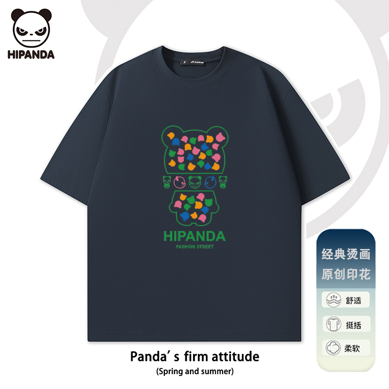 Hi Panda短袖T恤日系男夏季潮牌宽松青少年休闲圆领五分袖体恤衫t