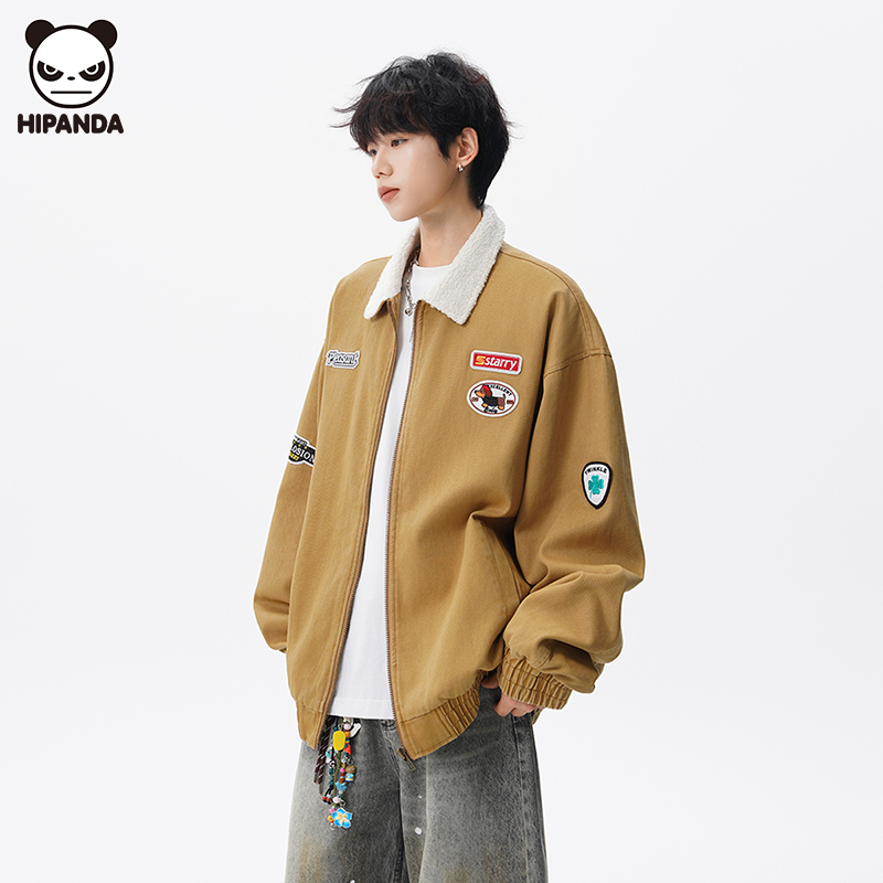 Hi Panda美式复古刺绣翻领夹克外套男秋冬新款学院风宽松百搭上衣