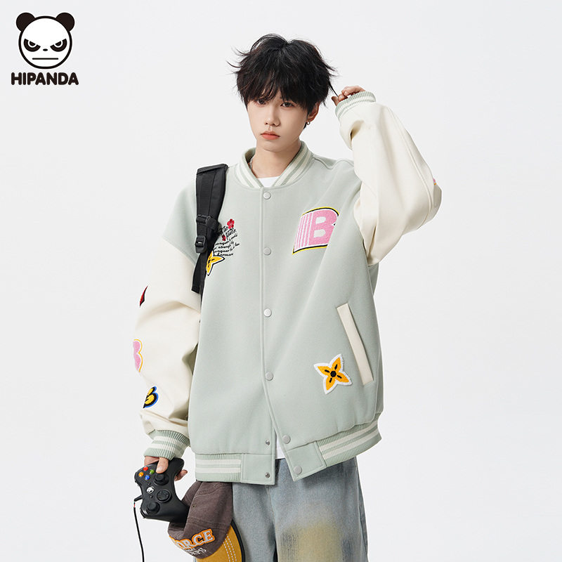 Hi Panda美式撞色刺绣棒球服外套男秋冬新款宽松休闲百搭夹克上衣