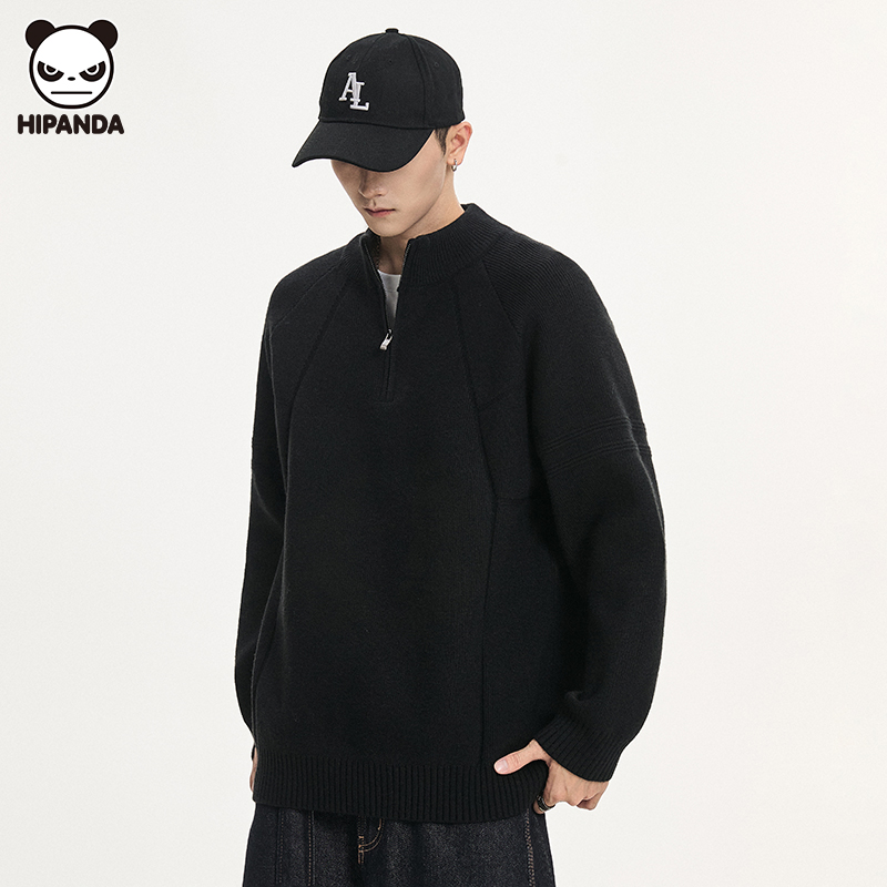 Hi Panda美式潮流半高领拉链毛衣男秋冬季新款潮牌美式宽松针织衫