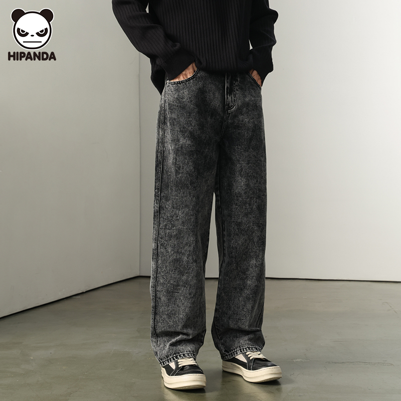 Hi Panda直筒黑灰水洗牛仔裤子男生秋冬季复古宽松做旧百搭阔腿裤
