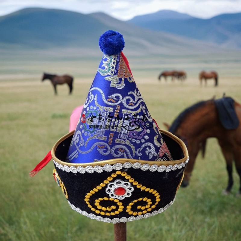 少数民族蒙古族帽子男士男款演出女士帽子舞台成人潮表演头饰蓝色