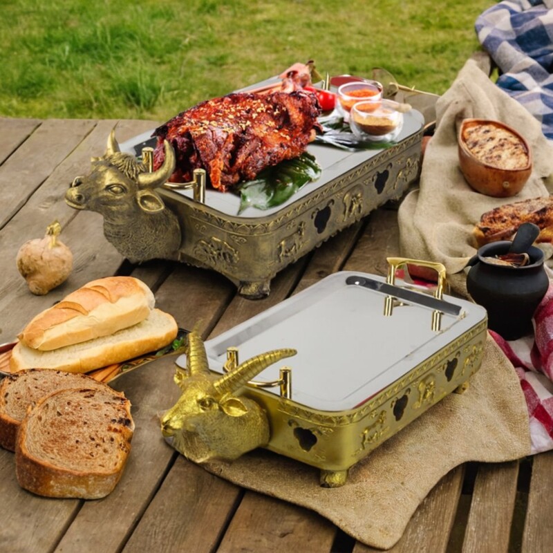 蒙古特色树脂餐具烤牛羊排火锅创意特色异形牛羊头盘加热款不锈钢