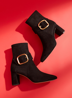 小露娜S by STELLA尖头粗跟短靴羊反绒欧美风百搭时装靴女SS17370