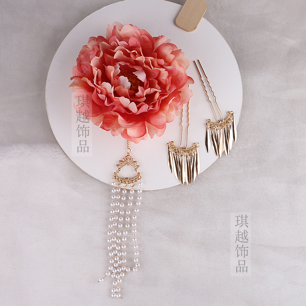 汉服头饰花朵绢花流苏发夹古风汉服发簪发饰古装头饰后压唐风边夹