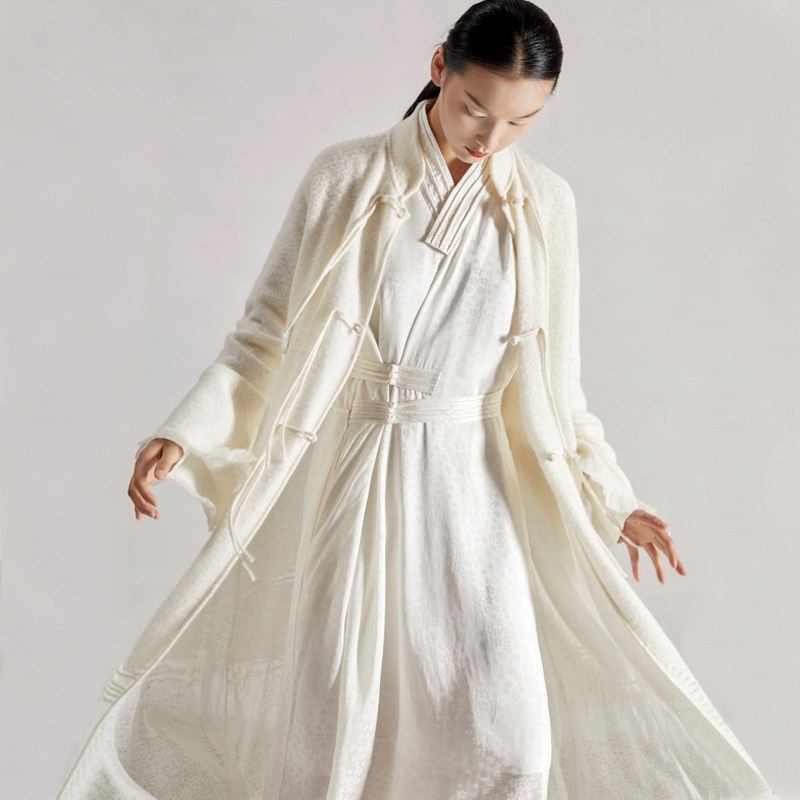 羊毛牦牛绒混纺超长款针织开衫24秋季原创外穿国风宽松毛衣外套女