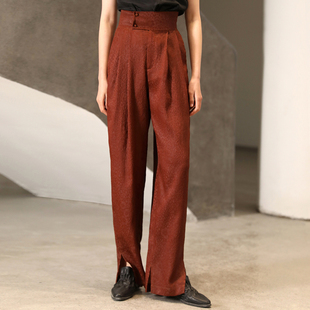 J31K081X 裤 真丝花萝香云纱休闲裤 女小众宽松高腰封冠乐绉锥形西装