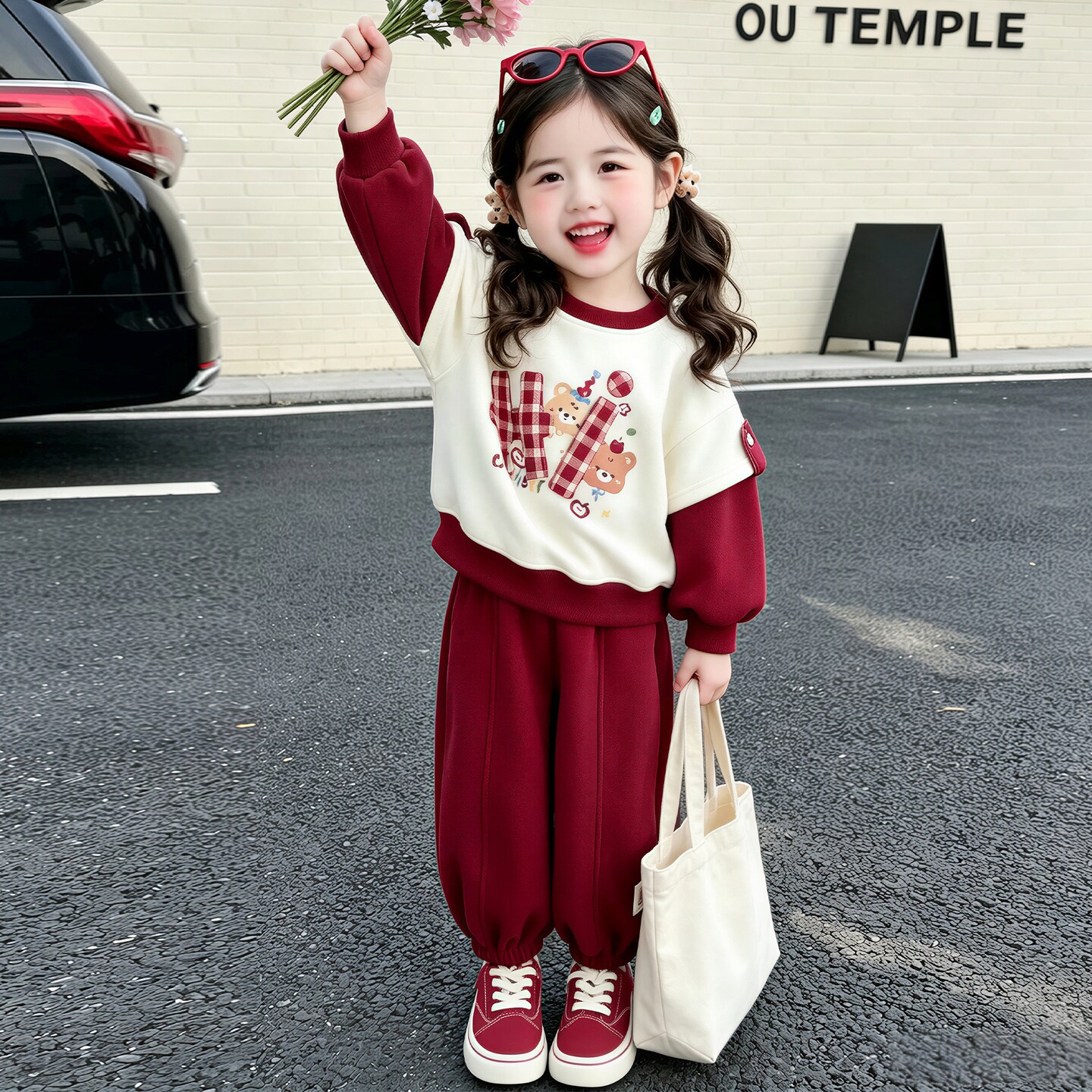 女童运动套装春秋款2026新款儿童卡通小熊卫衣秋装宝宝网红两件套