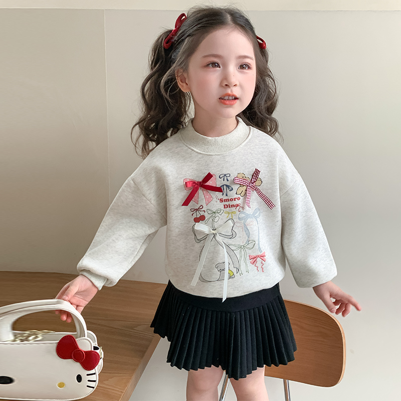 女宝宝冬装织带蝴蝶结加绒卫衣