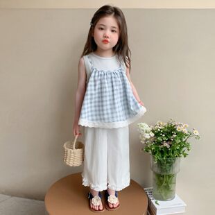 女童小香风格子吊带三件套2026夏季新款儿童韩系无袖阔腿长裤套装