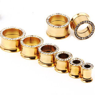 金色镶钻扩耳器扩耳洞耳钉空心滑轮钛钢耳扩耳环阔耳器ear tunnel