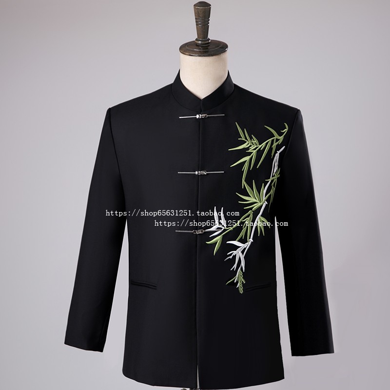 新中式中山装刺绣中式西服套装男订婚立领国风影楼结婚新郎礼服