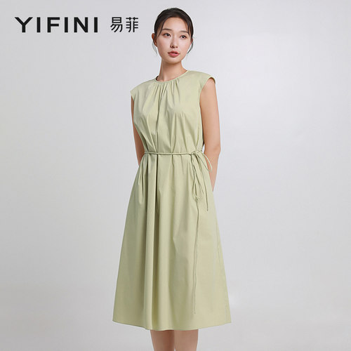 易菲收腰圆领宽松中长款连衣裙