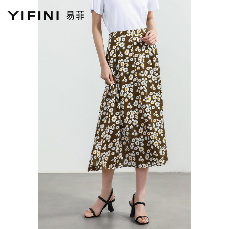 易菲印花复古中长款半身裙