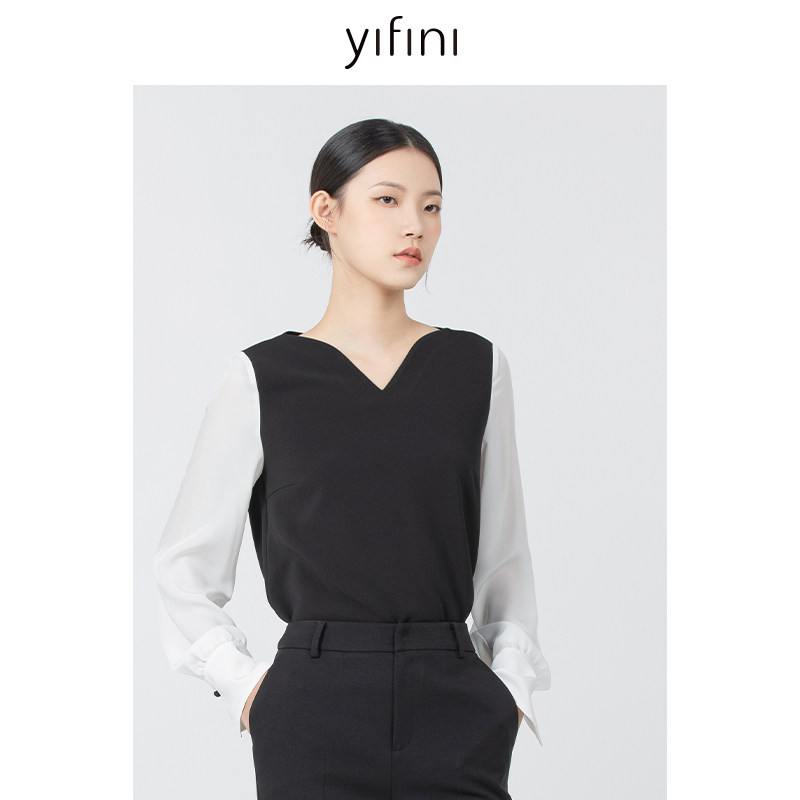 Yifini/易菲V领黑白撞色衬衫长袖套头衫上衣女春秋新款衬衣,女装/女士精品,衬衫,淘宝优惠券,粉丝福利购,淘宝优惠卷