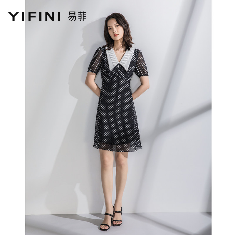 Yifini/易菲雪纺翻领波点印花收腰遮肉短袖连衣裙女夏季新款,女装/女士精品,连衣裙,淘宝优惠券,粉丝福利购,淘宝优惠卷