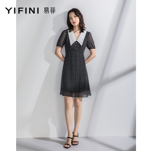 Yifini/易菲雪纺翻领波点印花收腰遮肉短袖连衣裙女夏季新款