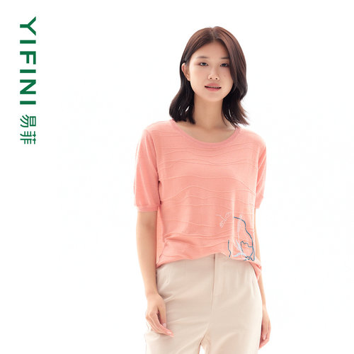 易菲凉感苎麻光丝绣花针织衫