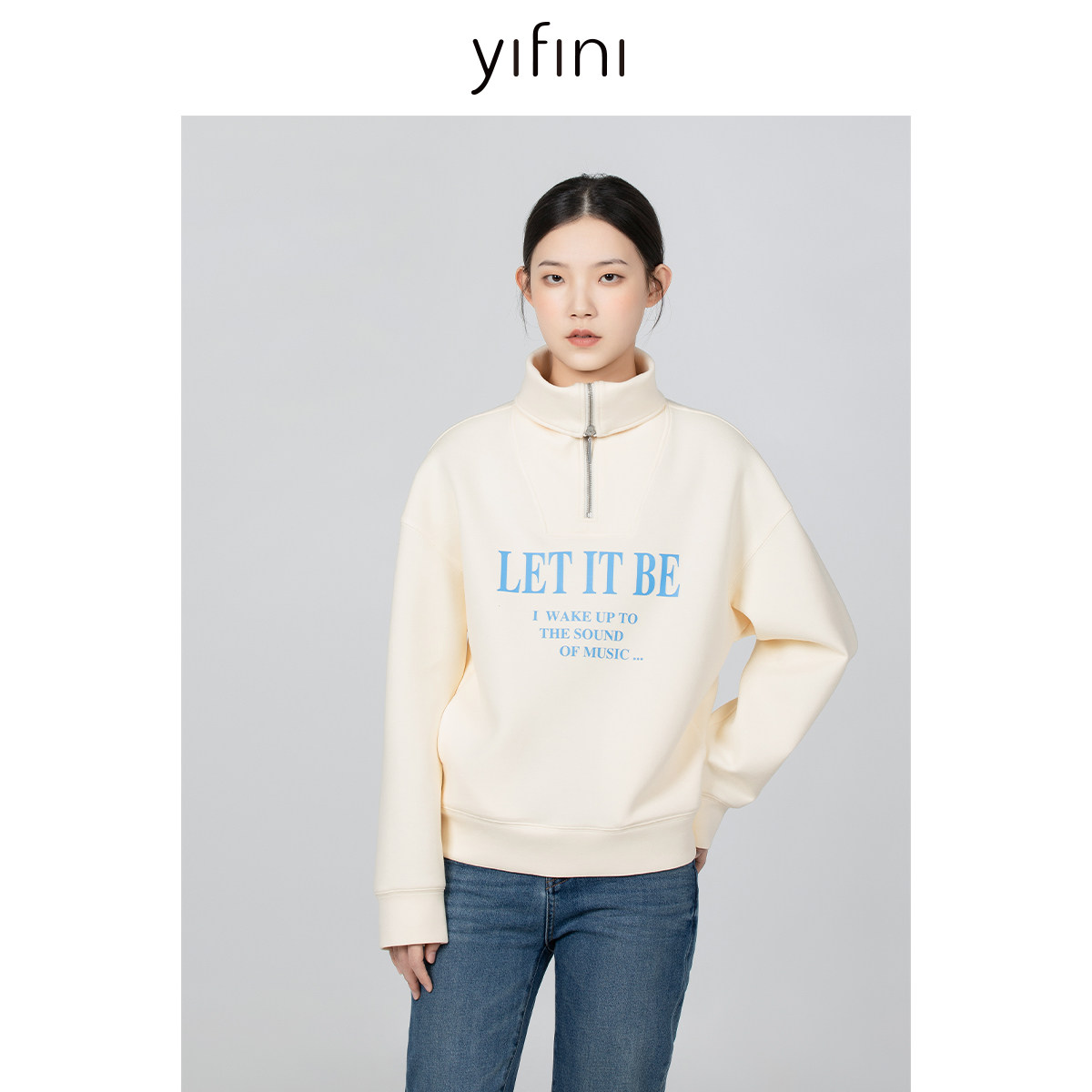 Yifini/易菲复古拉链立领落肩印花卫衣宽松长袖套头衫冬新款