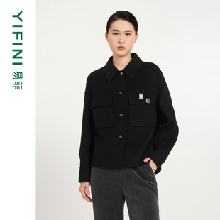 [专柜同款]Yifini/易菲衬衫式宽松短款双面呢外套女通勤气质上衣