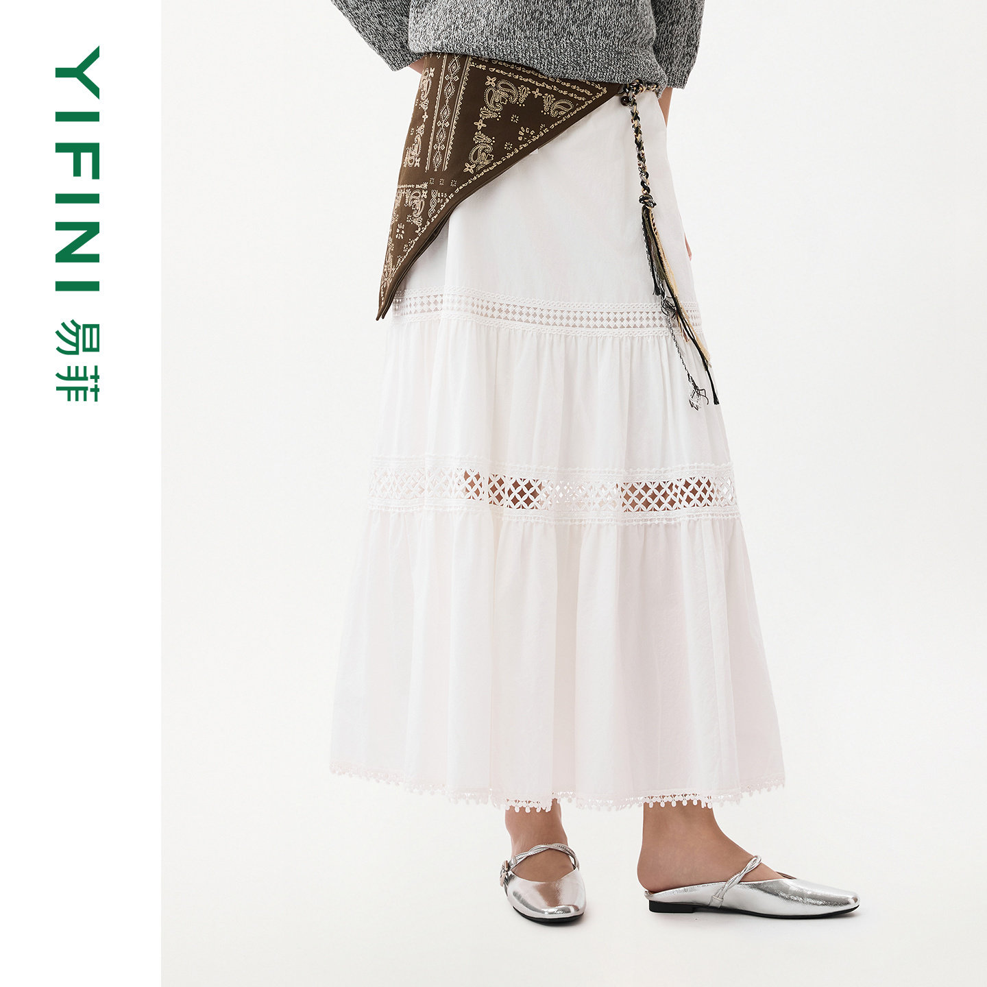[专柜同款]Yifini/易菲纯棉花边镂空气质中长款A字裙女半身裙26春