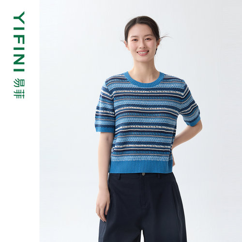 凉感条纹印花时尚短袖针织毛衫