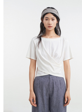 [专柜同款]Yifini/易菲圆领交叉设计修身短款时尚T恤女D04Z1027