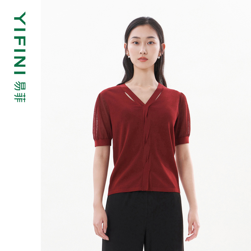 易菲正肩V领优雅针织衫