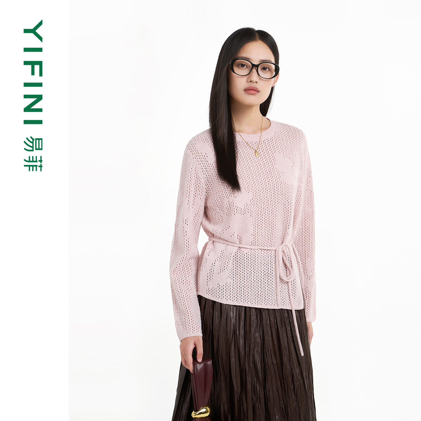 易菲开叉细带宽松长袖针织毛衫