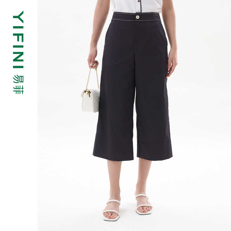 [专柜同款]Yifini/易菲黑色通勤时尚百搭阔腿裤八分裤夏季新款