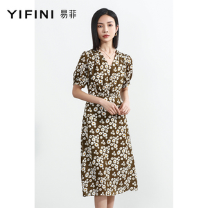 Yifini/易菲V领泡泡短袖复古印花碎花连衣裙女夏装新款显瘦