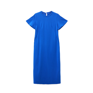 Yifini/易菲法式通勤收腰中长款圆领纯色连衣裙女夏装新款礼服裙