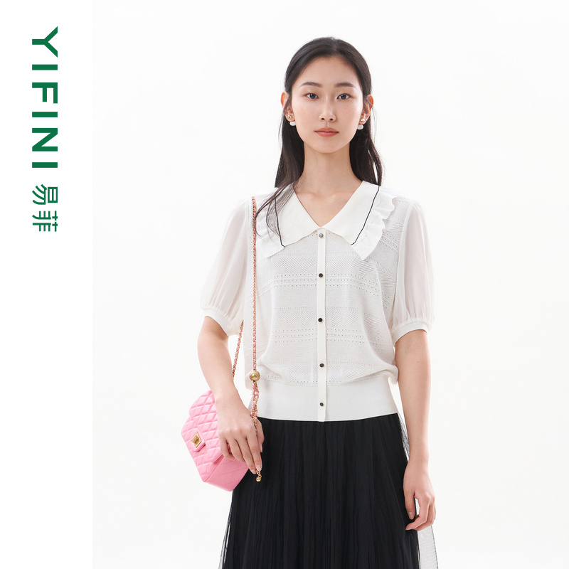 易菲宽松小翻领拼接针织毛衫