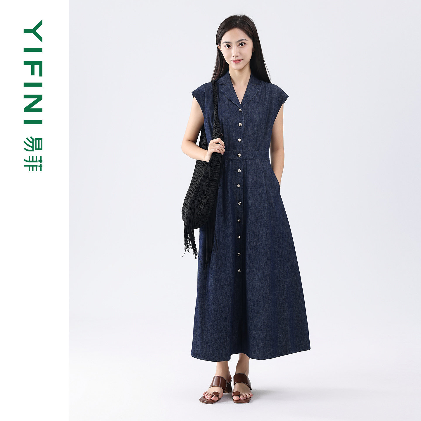 Yifini/易菲衬衫式盖袖收腰气质牛仔连衣裙春秋新款百搭裙子