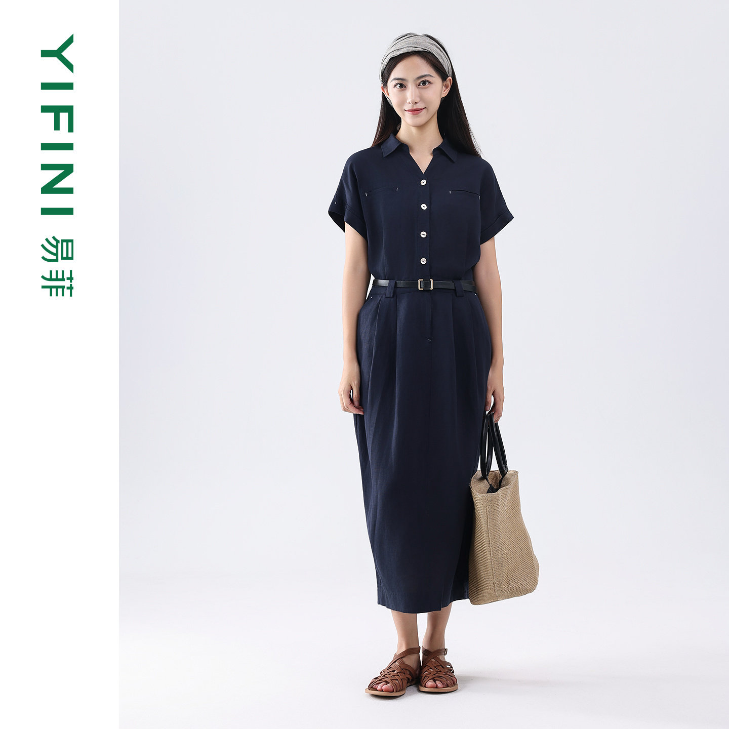 Yifini/易菲深蓝色小翻领衬衫式连衣裙收腰显瘦天丝麻短袖连衣裙