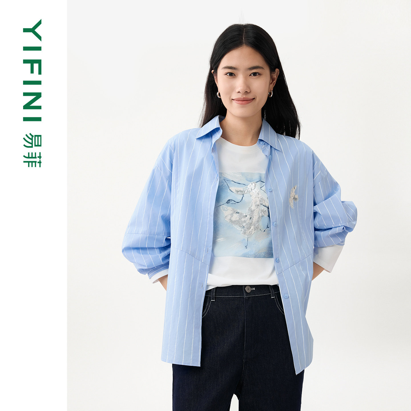 [专柜同款]Yifini/易菲纯棉竖条纹印花宽松百搭衬衫女百搭外套新,女装/女士精品,衬衫,淘宝优惠券,粉丝福利购,淘宝优惠卷