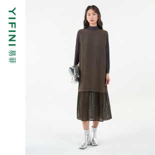 气质无袖 易菲时尚 Yifini 拼接立体褶皱感连衣裙25秋 专柜同款