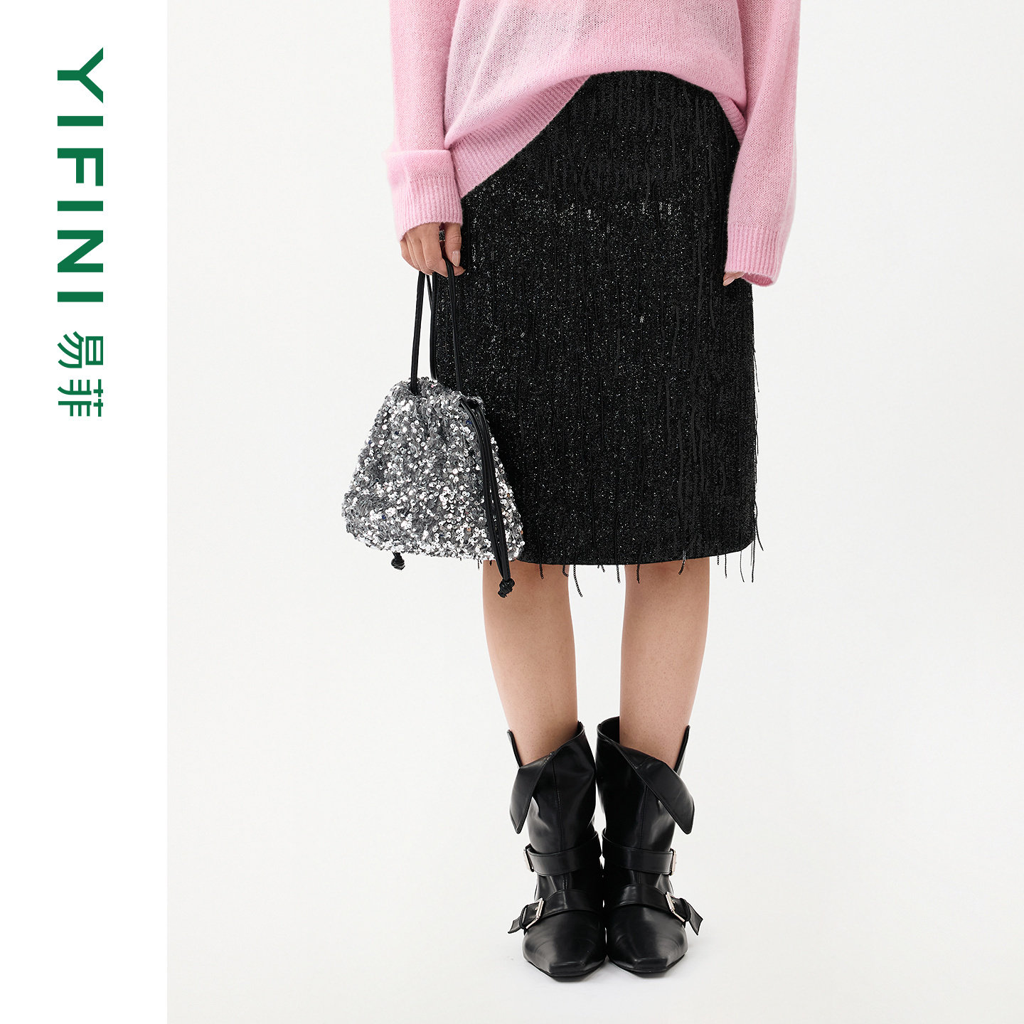 [专柜同款]Yifini/易菲亮片纱线流苏高级感气质直筒半身裙女26春,女装/女士精品,半身裙,淘宝优惠券,粉丝福利购,淘宝优惠卷