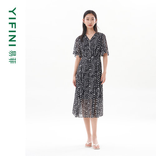 易菲短袖气质V领印花收腰连衣裙