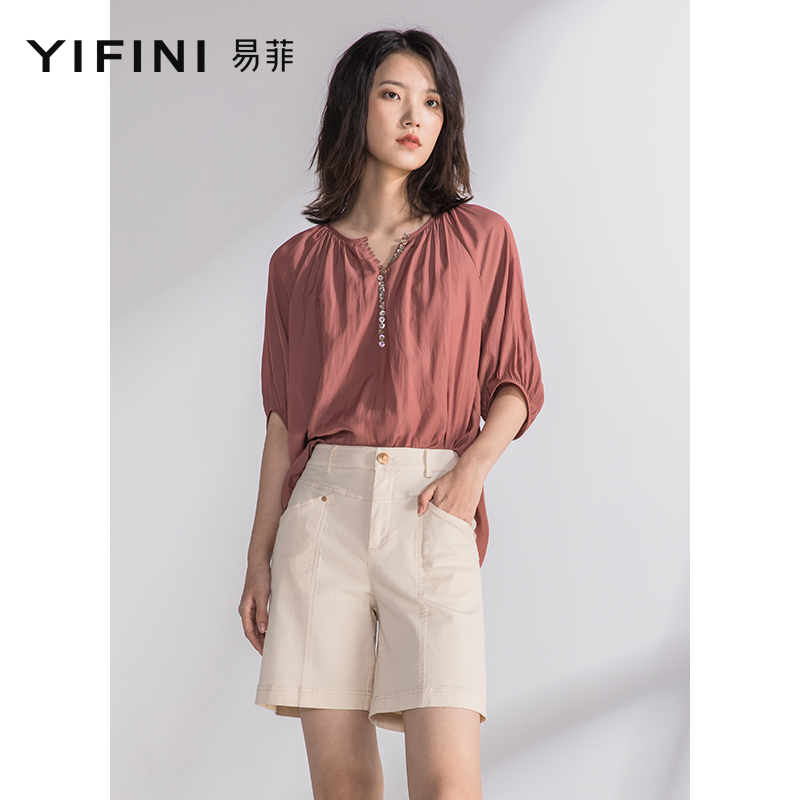 Yifini/易菲小V领宽松灯笼袖中袖套头衫女夏装新款休闲衬衫