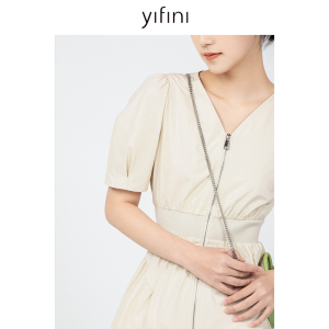 Yifini/易菲收腰显瘦气质V领短袖纯棉连衣裙女初秋新款茶歇裙
