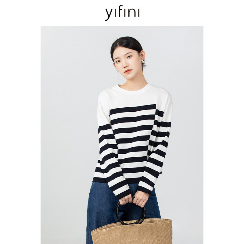Yifini/易菲宽松短款复古时尚条纹T恤女春秋新款长袖通勤上衣