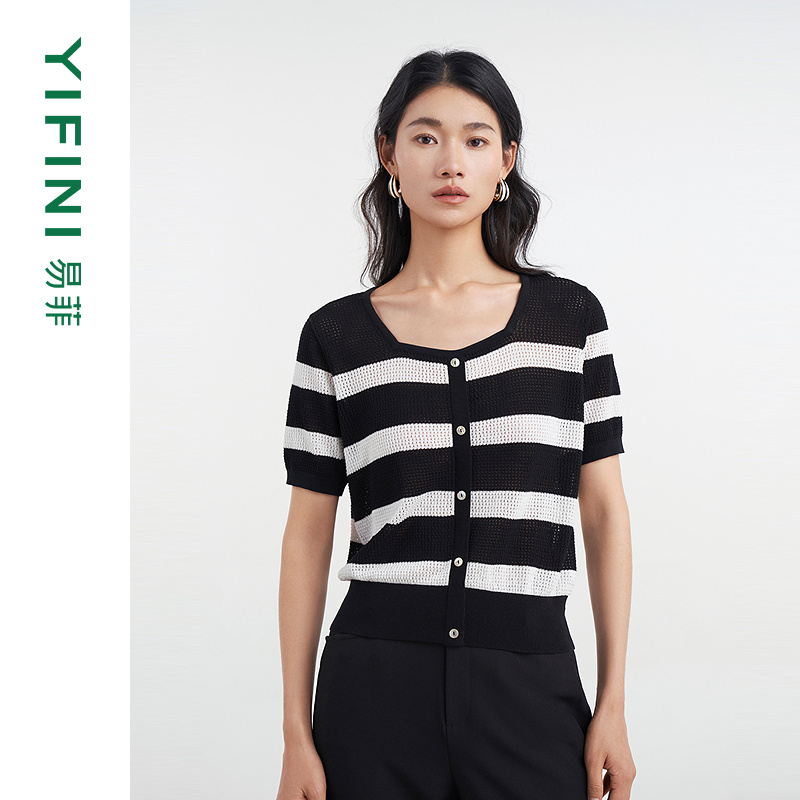 易菲U领宽条纹通勤宽松针织衫