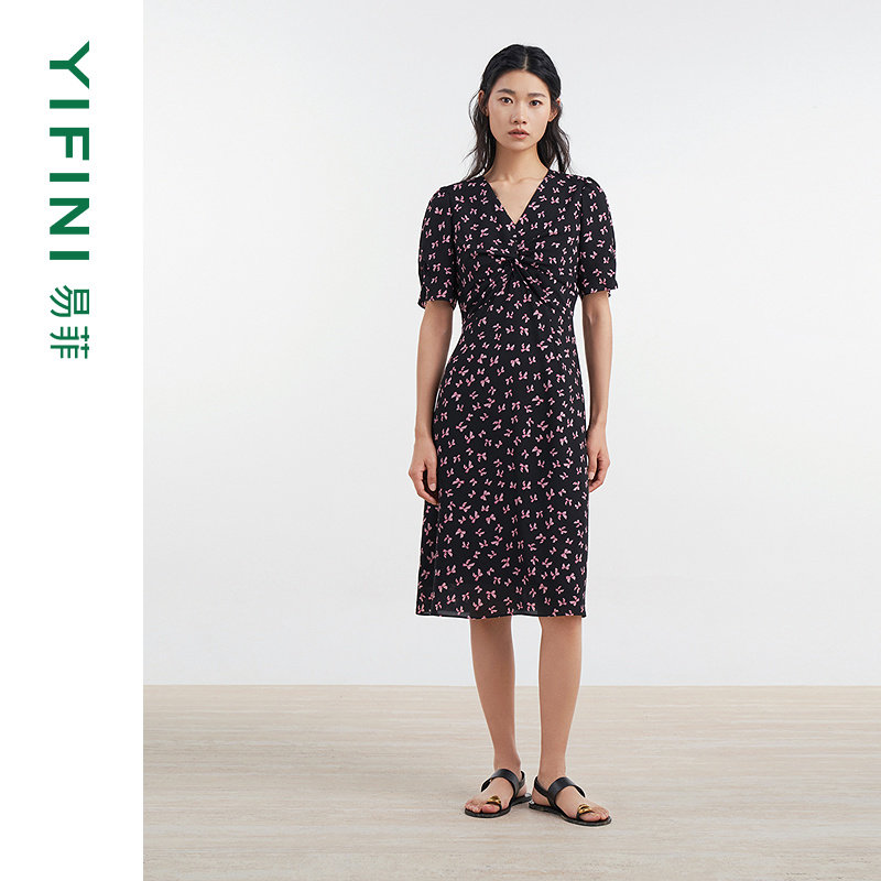 法式V领收腰短袖碎花印花连衣裙